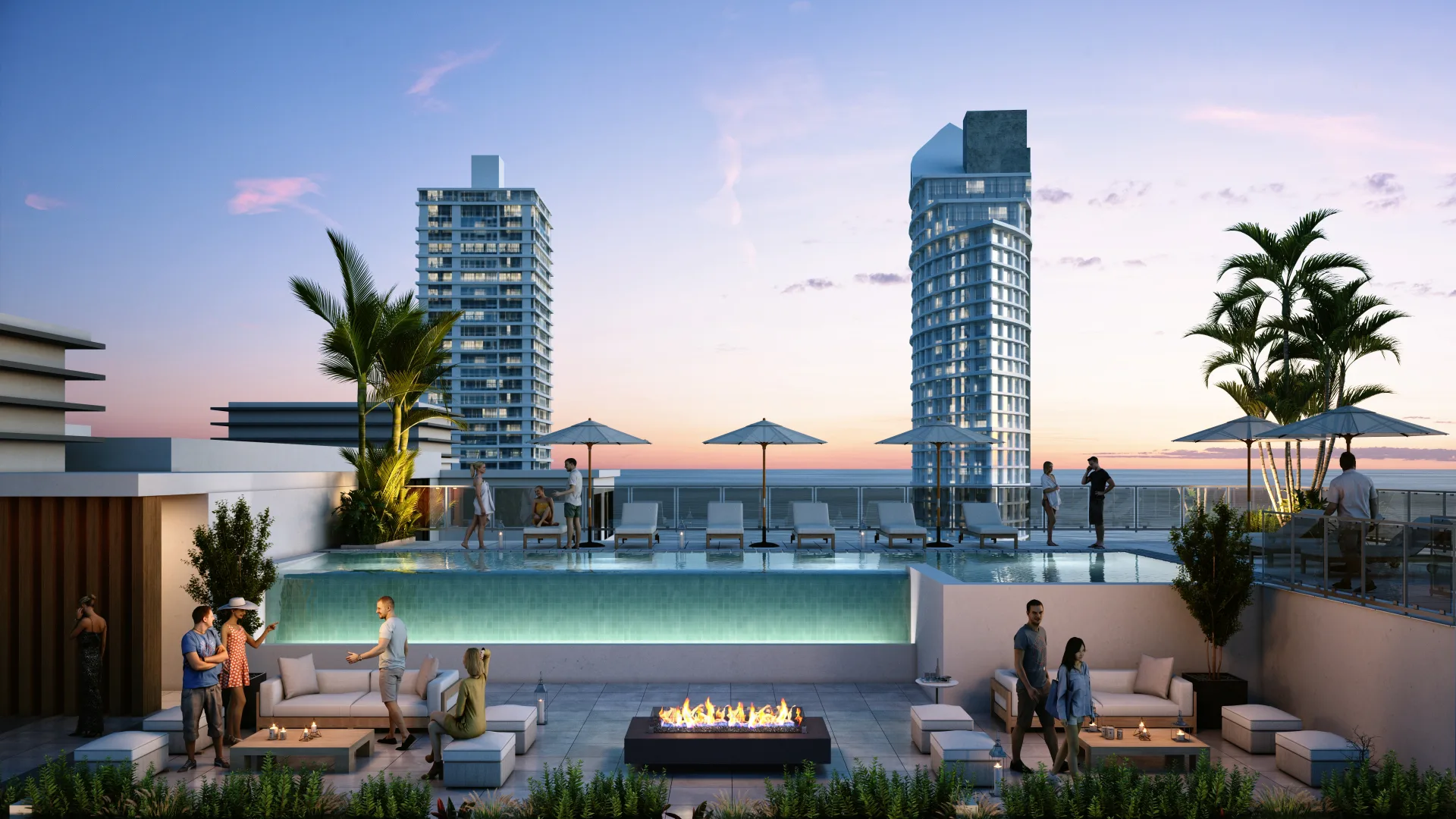 Azotea con piscina y vista al skyline — arquitectura premium de inversión